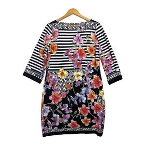 Beige‎ by ECI Floral Stripe Shift Dress Size 8 Black White 3/4 Sleeve